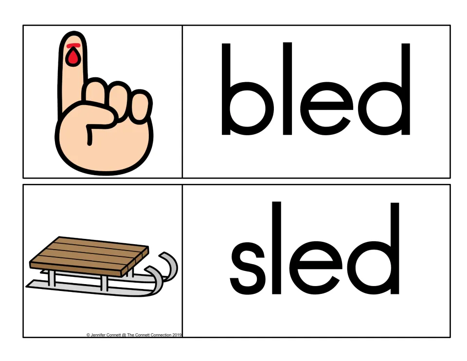 -ed blend word cards: bled with a bleeding fingertip and sled with a wooden sled, for reading words with bl and sl blends