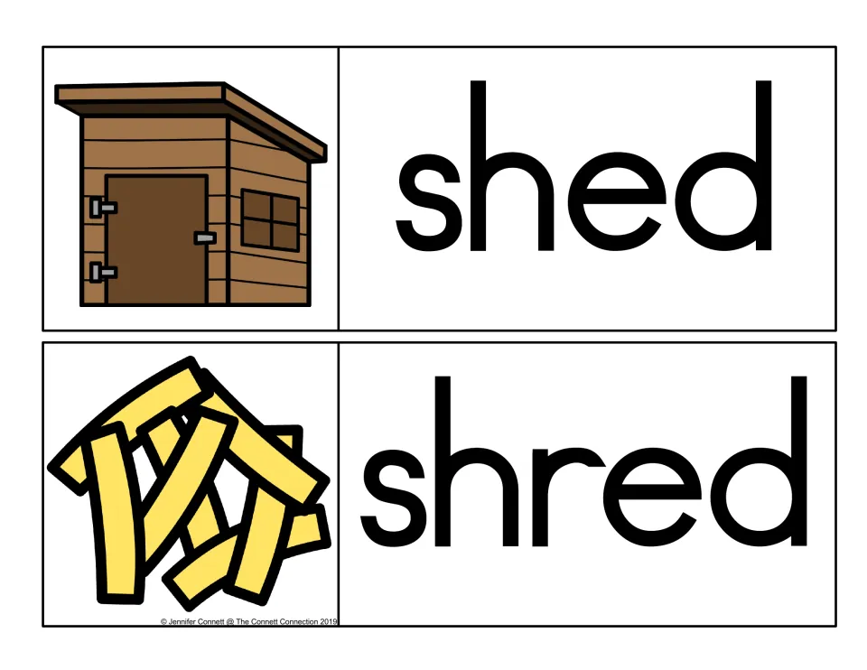 -ed digraph word cards: shed with a wooden shed and shred with yellow paper strips, for reading words that start with sh