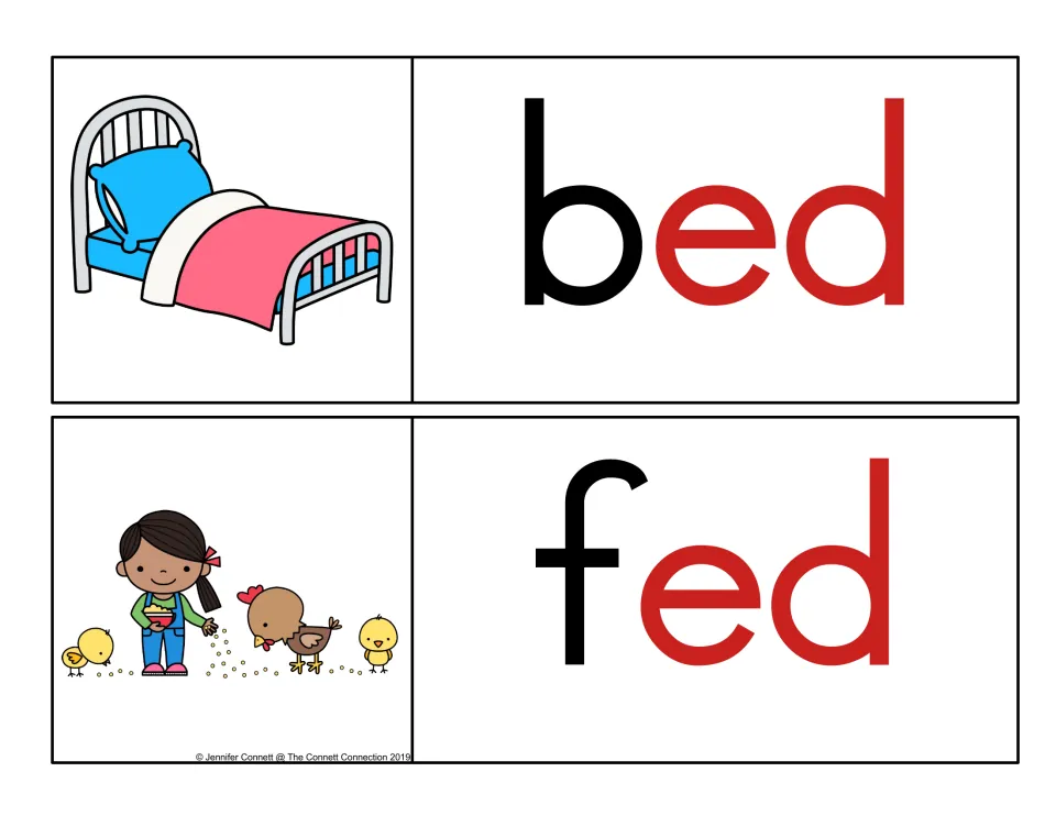 Color-coded -ed cards: bed and fed with the onset in black and the -ed rime in red, to help students spot the word family