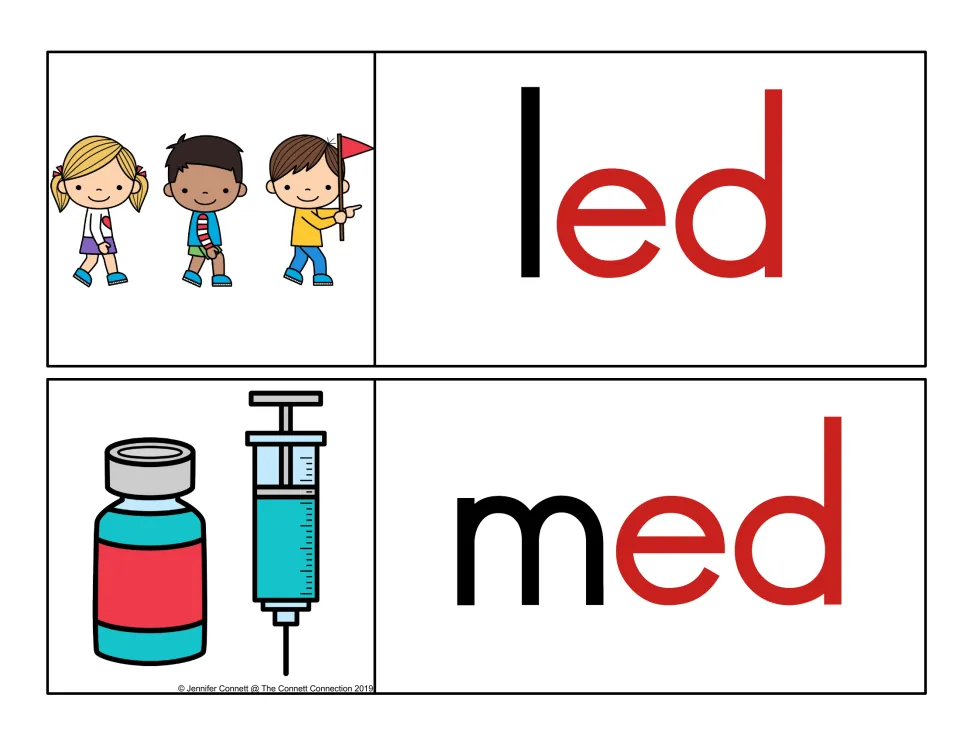 Color-coded cards for led and med, with l and m in black and the -ed ending in red, beside walking children and a syringe
