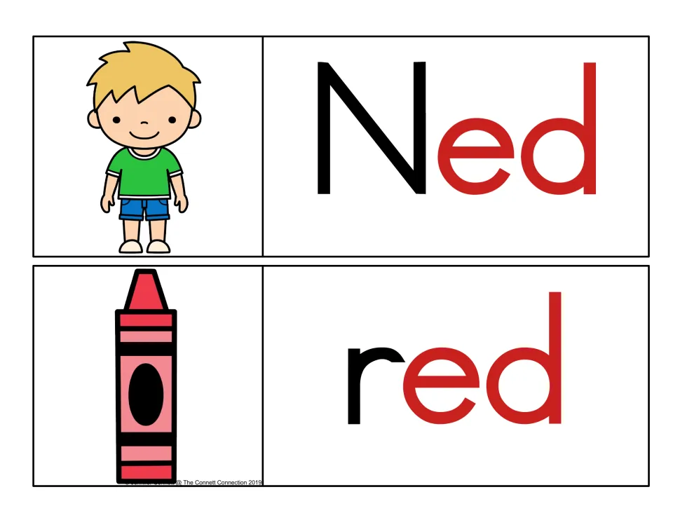 Color-coded rhyme cards: Ned and red with the first letter in black and -ed in red, paired with a boy and a red crayon