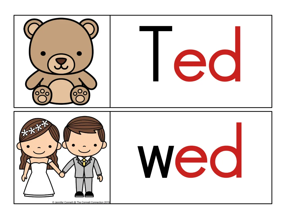Color-coded cards for Ted and wed, the -ed ending shown in red, with a teddy bear and a bride and groom as picture clues