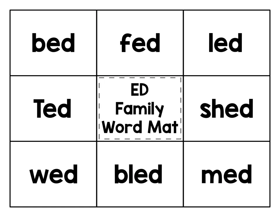 ED family word mat: students read bed, fed, led, Ted, shed, wed, bled and med, then match a picture card to each word