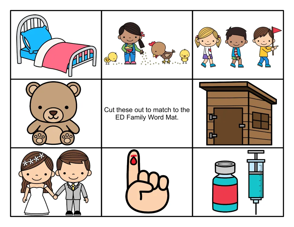 Color picture cards for the ED word mat: bed, hens being fed, teddy, shed, wedding couple, cut finger, medicine