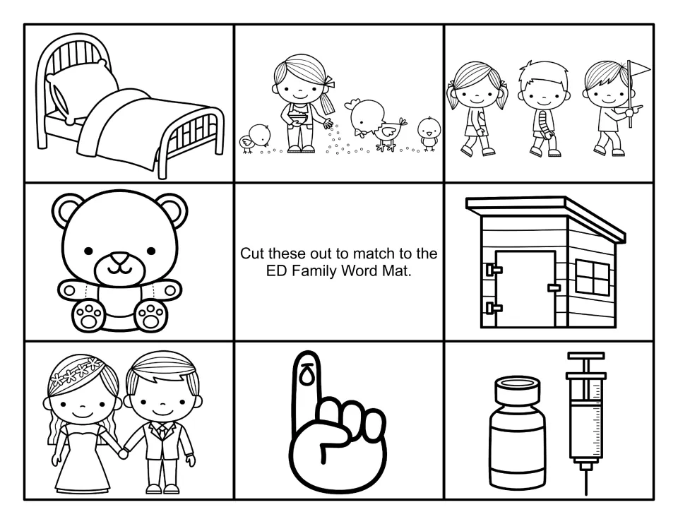 Black-and-white picture cards to match to the ED word mat: bed, teddy, shed, wed couple, bleeding finger and more