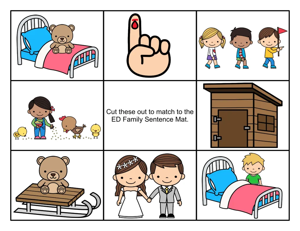 Color picture cards for the ED sentence mat: teddy on a bed, cut finger, teddy on a sled, boy making a bed
