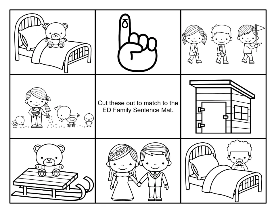 Black-and-white sentence picture cards to cut out: teddy on a sled, wedding couple, shed, kids following a flag and more