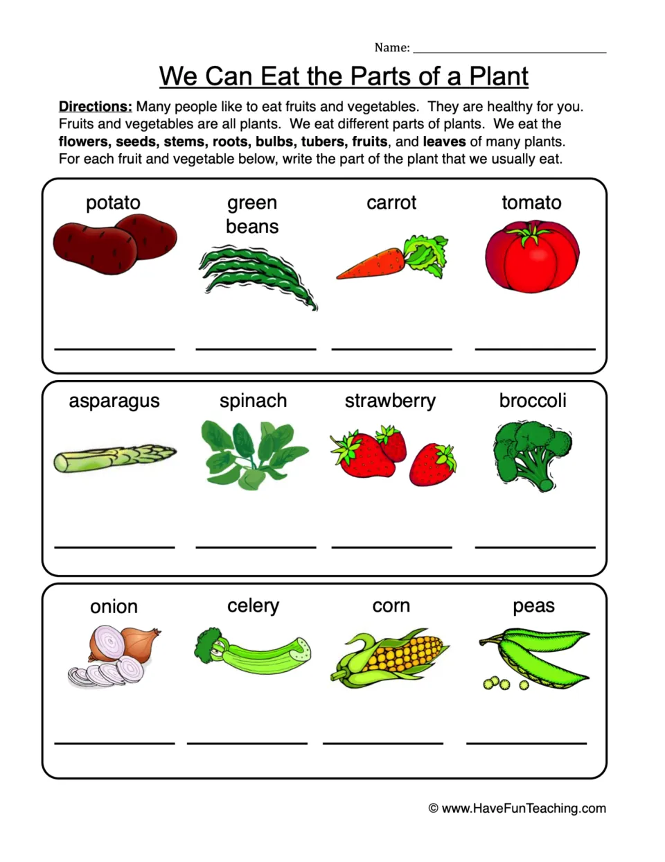 Edible plant parts: students write which part we eat (root, stem, leaf, seed, fruit) for 12 foods from potato to peas