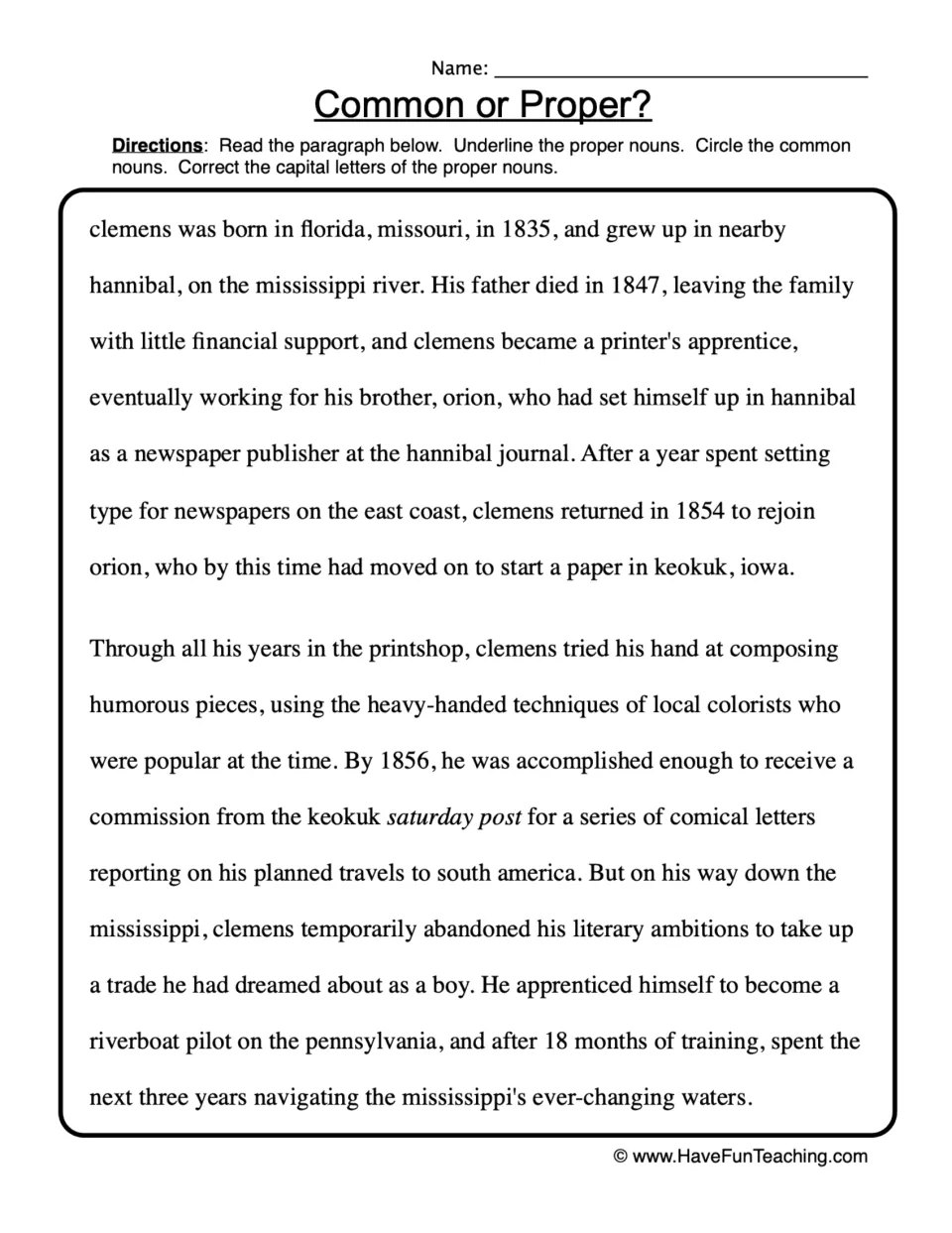 Noun editing practice using a passage about Clemens, with proper nouns to underline and common nouns to circle.