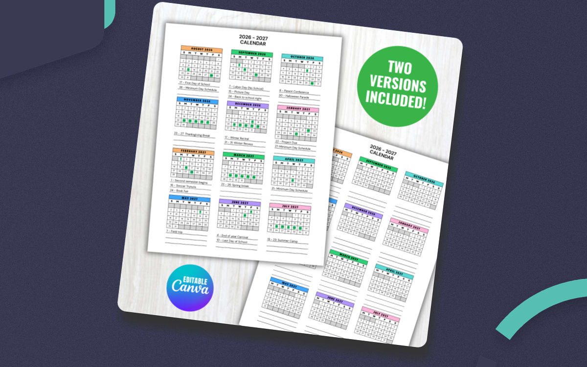 Editable 2026-2027 School Year Calendar, Academic Calendar 26-27 preview