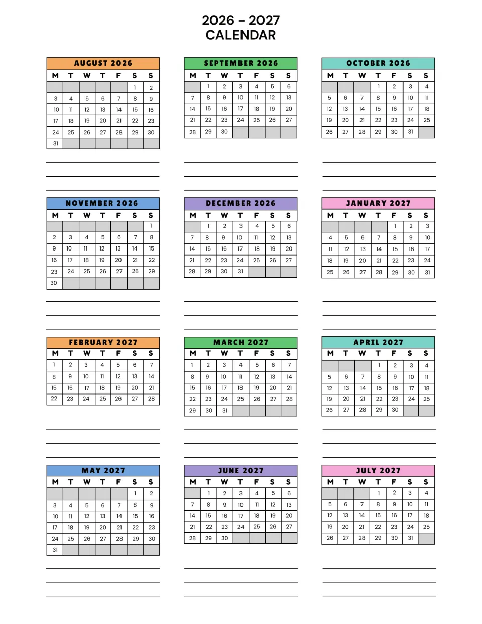 2026-2027 calendar: August 2026 to July 2027 month grids, Monday start, with space under each month to note key dates