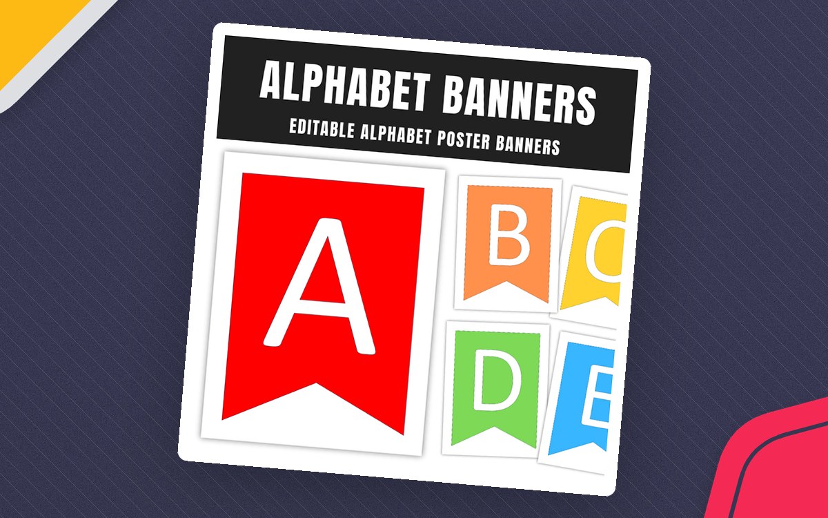 All Alphabet Banners cover with a large red A pennant and smaller orange, yellow, green, and blue letter pennants.