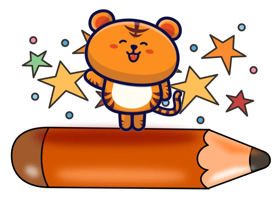 Tiger name tag: a smiling cartoon tiger waves from atop a large orange pencil with blank space for a name, among stars