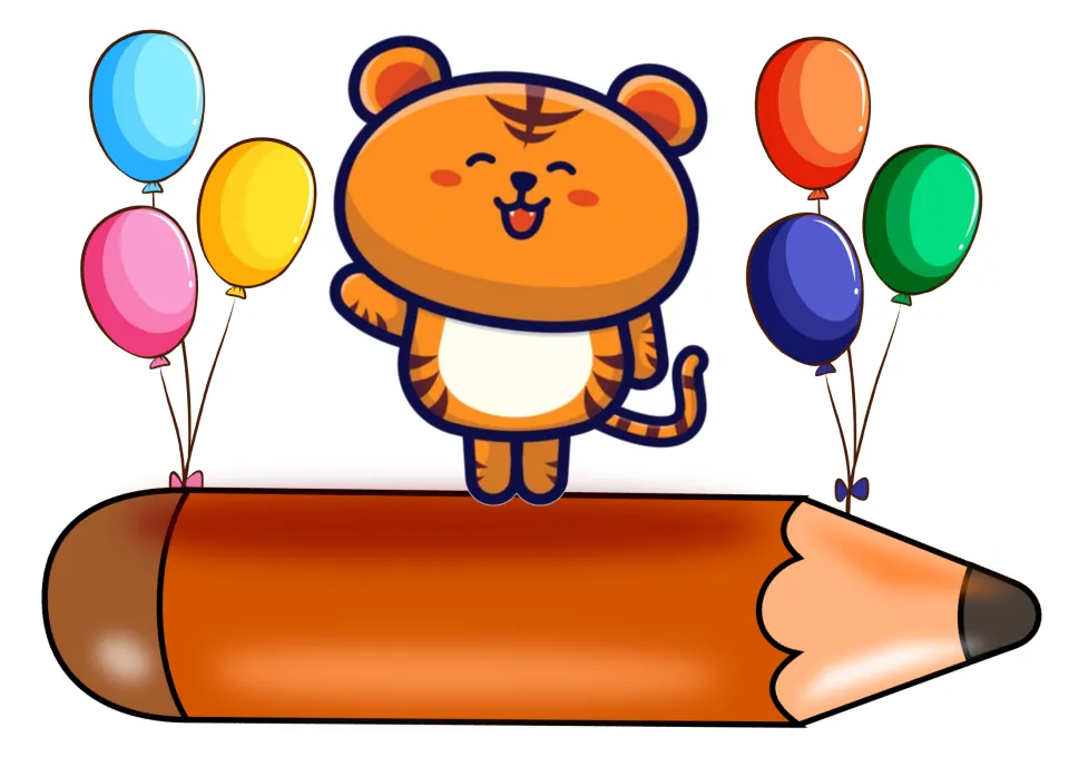 Tiger name tag with balloons: a waving cartoon tiger stands on a large blank orange pencil between two bunches of balloons