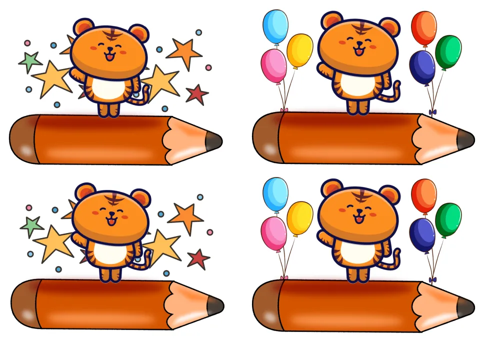 Four medium tiger name tags on one sheet: two tigers with stars and two with balloons, each on a blank orange pencil