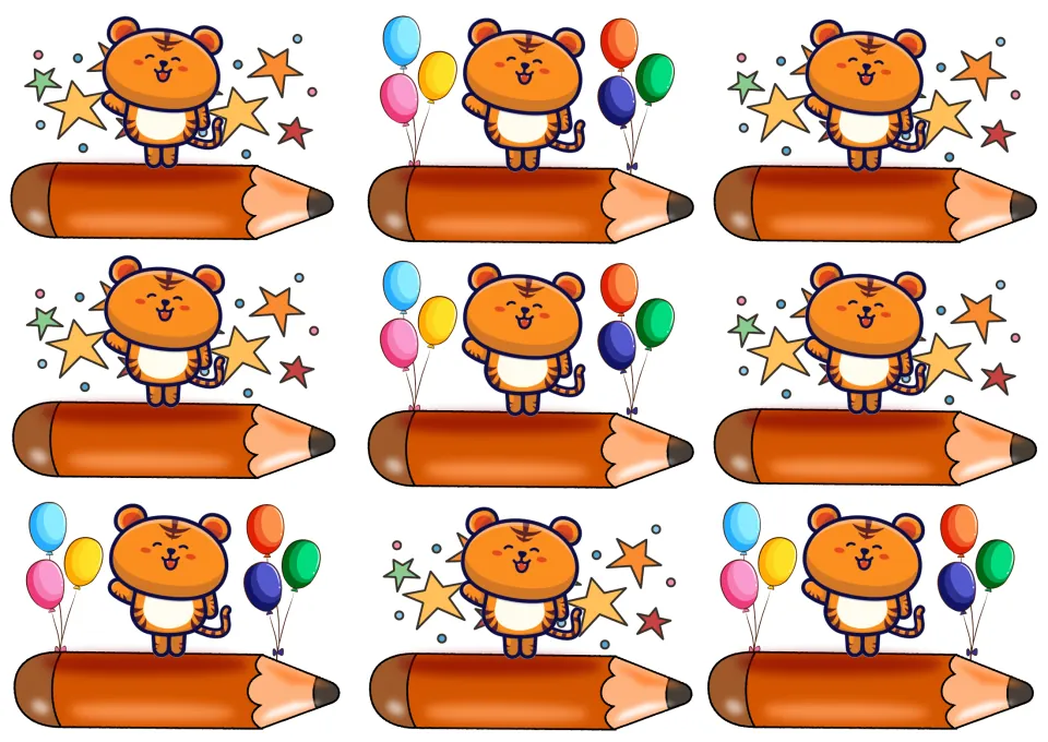 Nine small tiger labels on one sheet, alternating star and balloon designs, each tiger on a blank orange pencil to write on