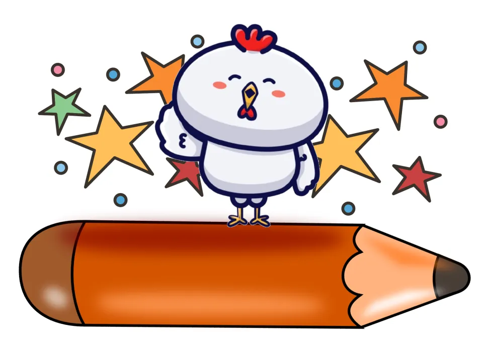 Chicken name tag: a white cartoon chicken with a red comb stands on a large blank orange pencil surrounded by stars
