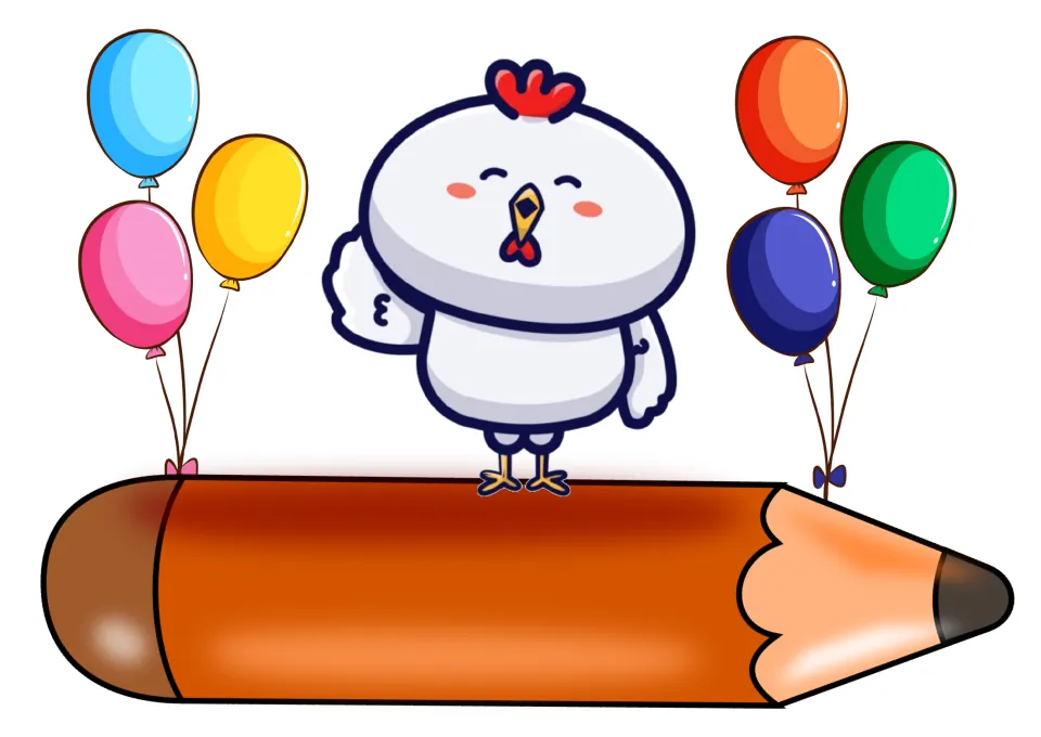 Chicken name tag with balloons: a white cartoon chicken waves from a large blank orange pencil between two balloon bunches