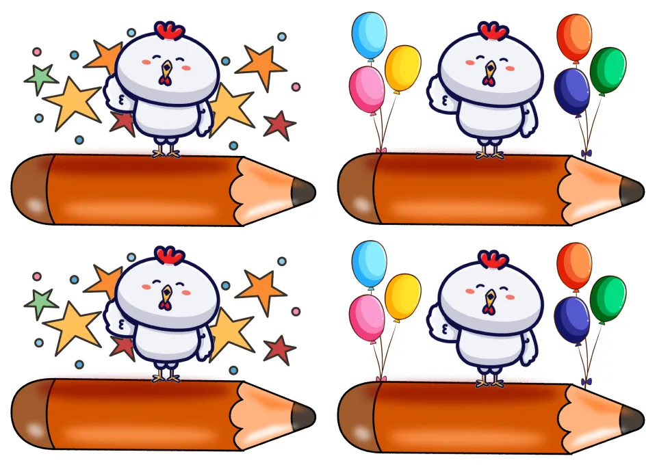Four medium chicken name tags on one sheet: two with stars and two with balloons, each chicken on a blank orange pencil