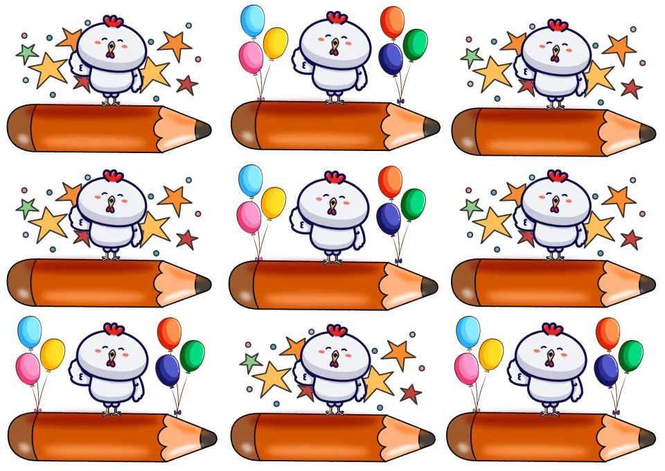 Nine small chicken labels on one sheet in alternating star and balloon designs, each chicken on a blank pencil for a name