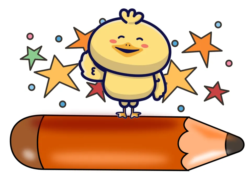 Duckling name tag: a smiling yellow cartoon duckling stands on a large blank orange pencil with stars and dots around it
