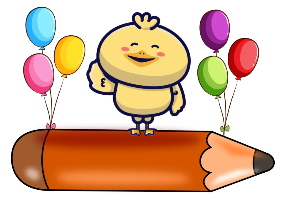 Duckling name tag with balloons: a yellow cartoon duckling waves from a large blank orange pencil between colorful balloons