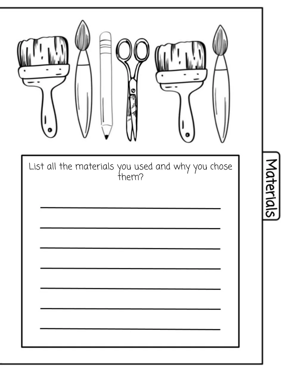 Art materials list: students list every material they used for their artwork and explain why they chose each one