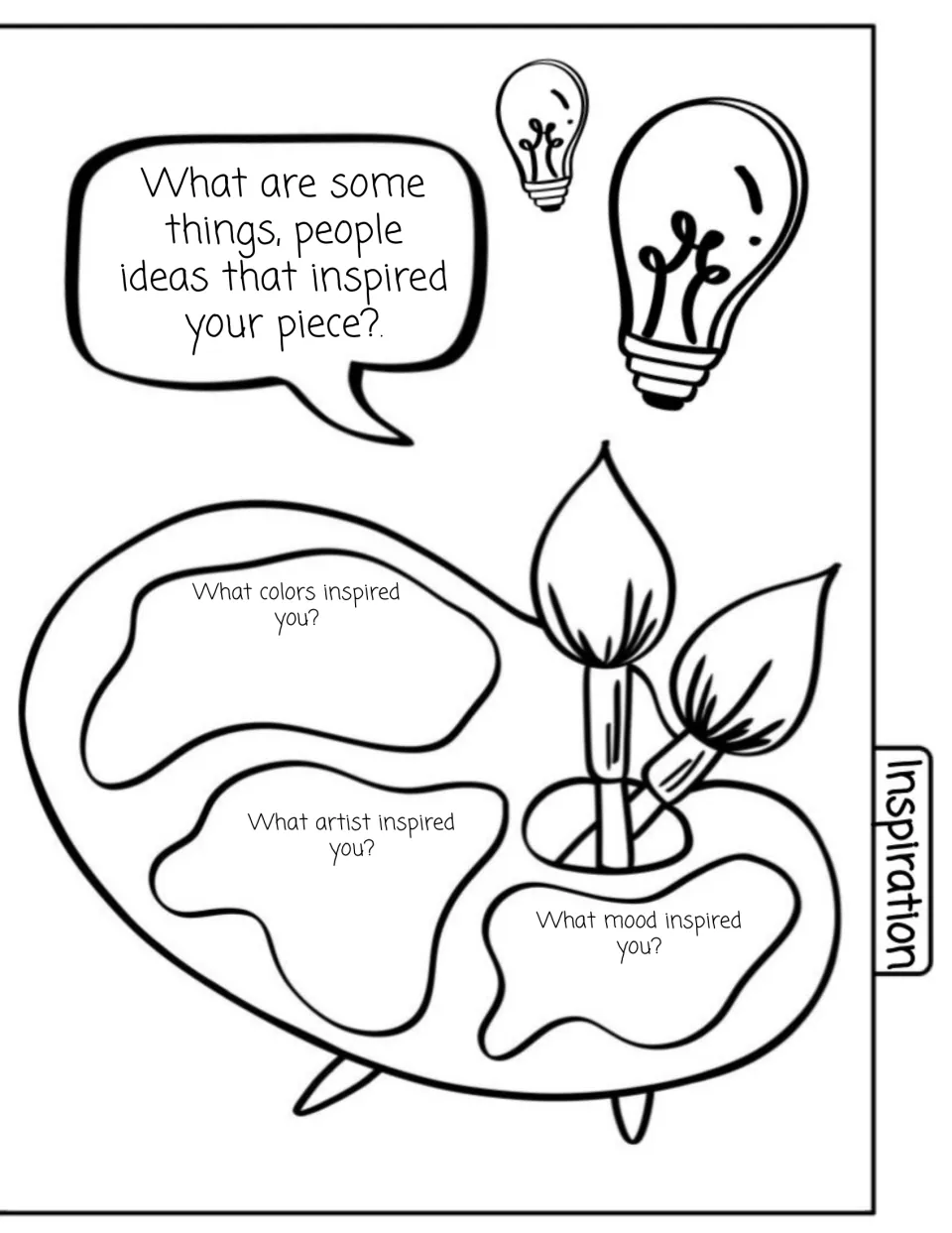 Inspiration page: students note the things, people and ideas, plus the colors, artist and mood that inspired their piece
