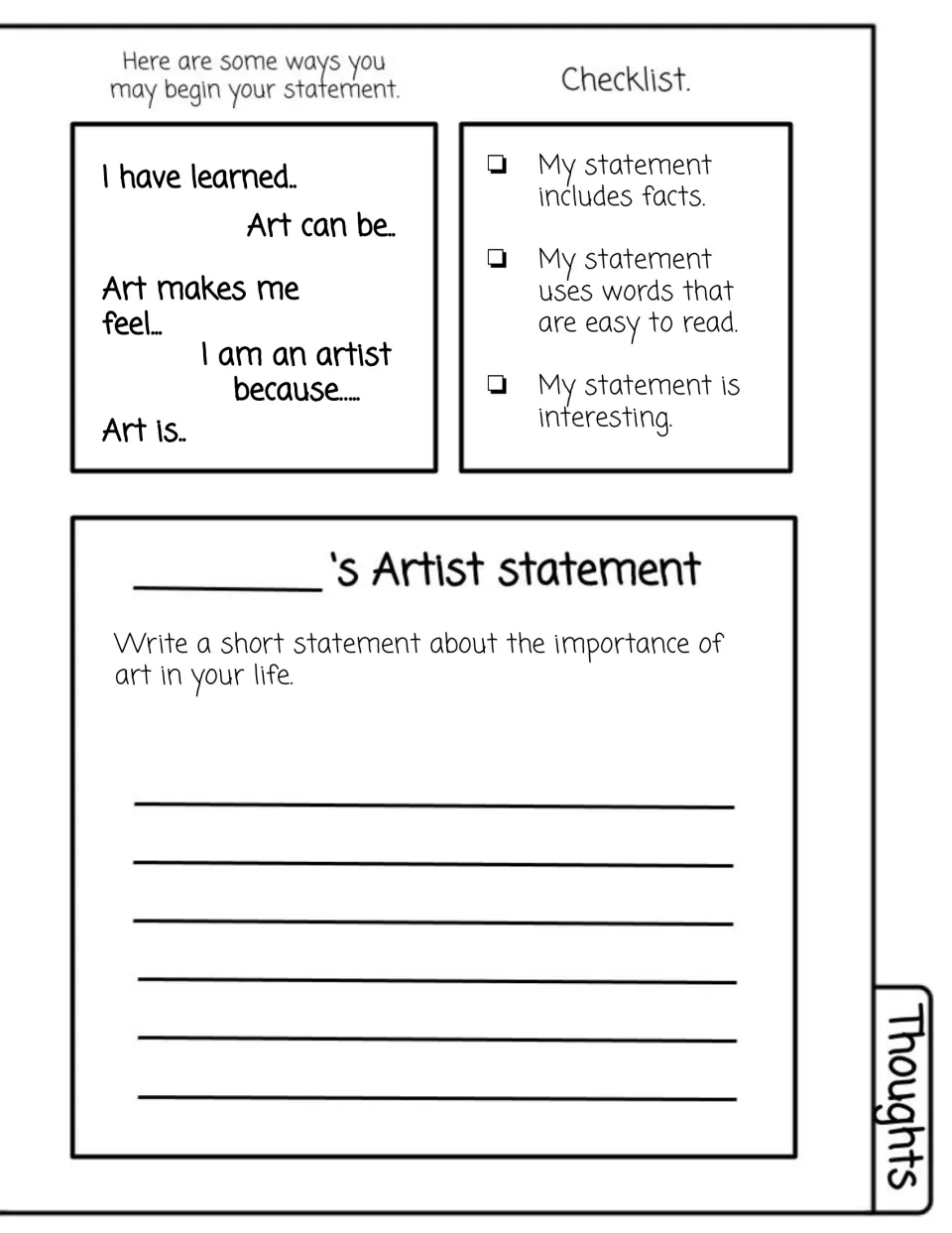 Artist statement: students write about the importance of art in their life using sentence starters and a 3-item checklist