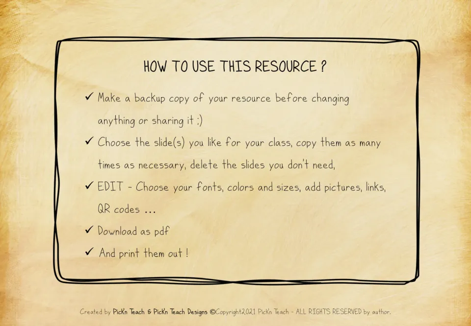 Bookmark setup instructions: make a backup, copy slides, edit fonts and pictures, download as PDF, and print