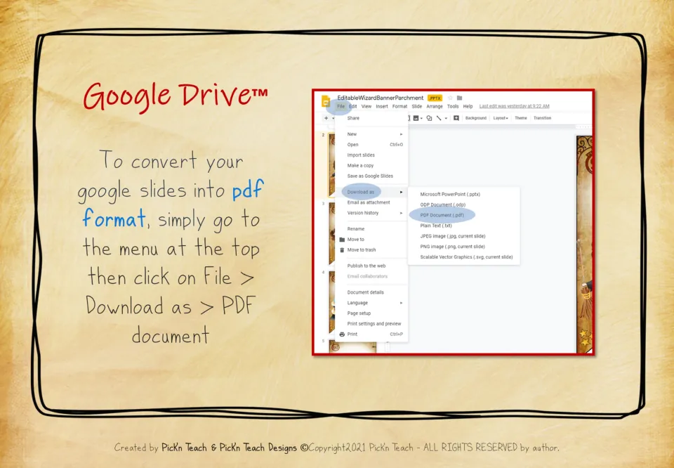 Bookmark export guide for Google Slides: choose File, Download as, then PDF document to prepare for printing