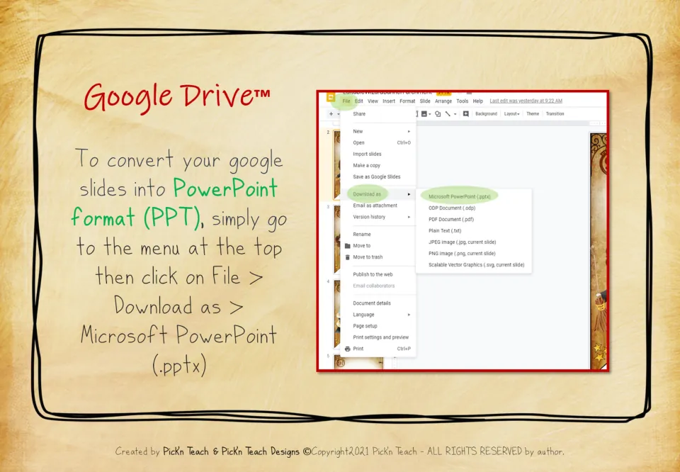 Bookmark export guide for Google Slides: choose File, Download as, then Microsoft PowerPoint (.pptx)