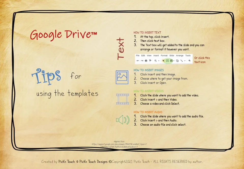 Google Slides editing tips for bookmark templates explain how to insert text, images, videos, and audio