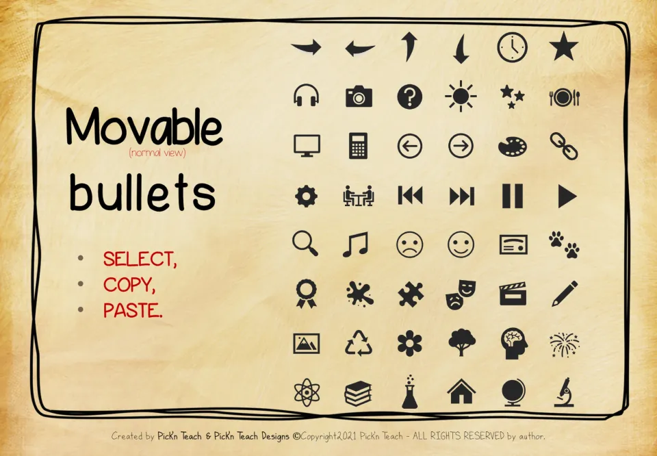 Movable icons for customizing bookmarks include arrows, headphones, books, and science symbols; copy and paste
