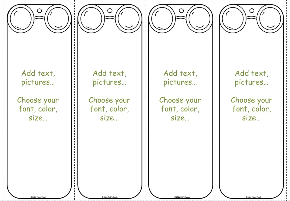 First editable template has four glasses bookmarks prompting users to add text or pictures and choose fonts