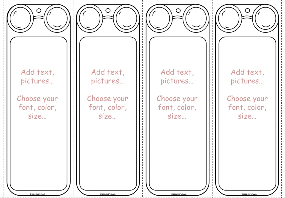 Second editable template has four glasses bookmarks prompting users to choose text, pictures, font, and color
