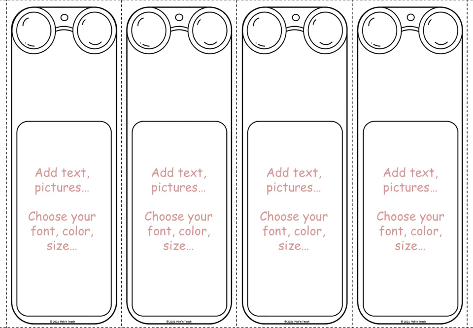 Third editable template has four glasses bookmarks prompting users to add text or pictures and set font size