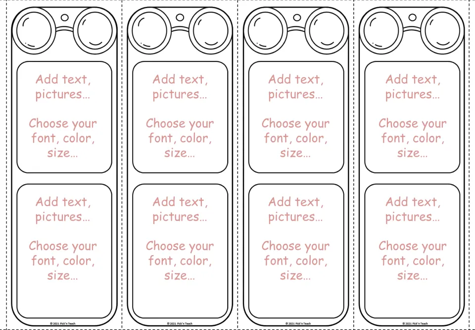 Fourth editable template has four glasses bookmarks, each repeating the text and picture prompts twice