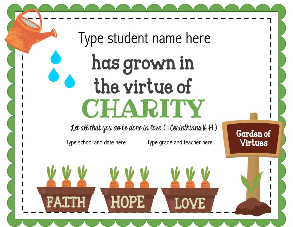 Editable charity award with 1 Corinthians 16:14 and fields for student name, school, date, grade, and teacher