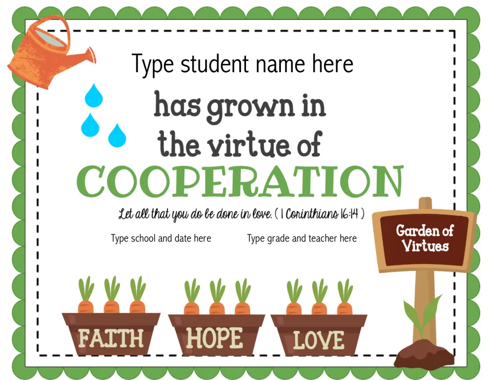 Editable cooperation award with 1 Corinthians 16:14 and student, school, date, grade, and teacher fields