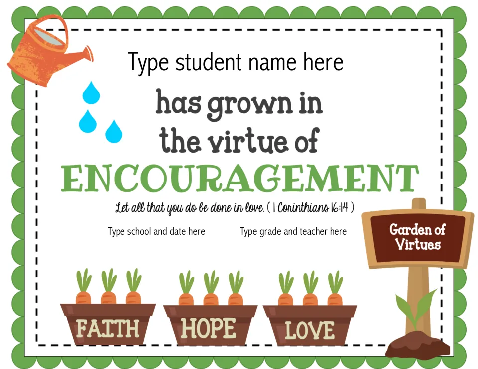 Editable encouragement award with 1 Corinthians 16:14 and student, school, date, grade, and teacher fields