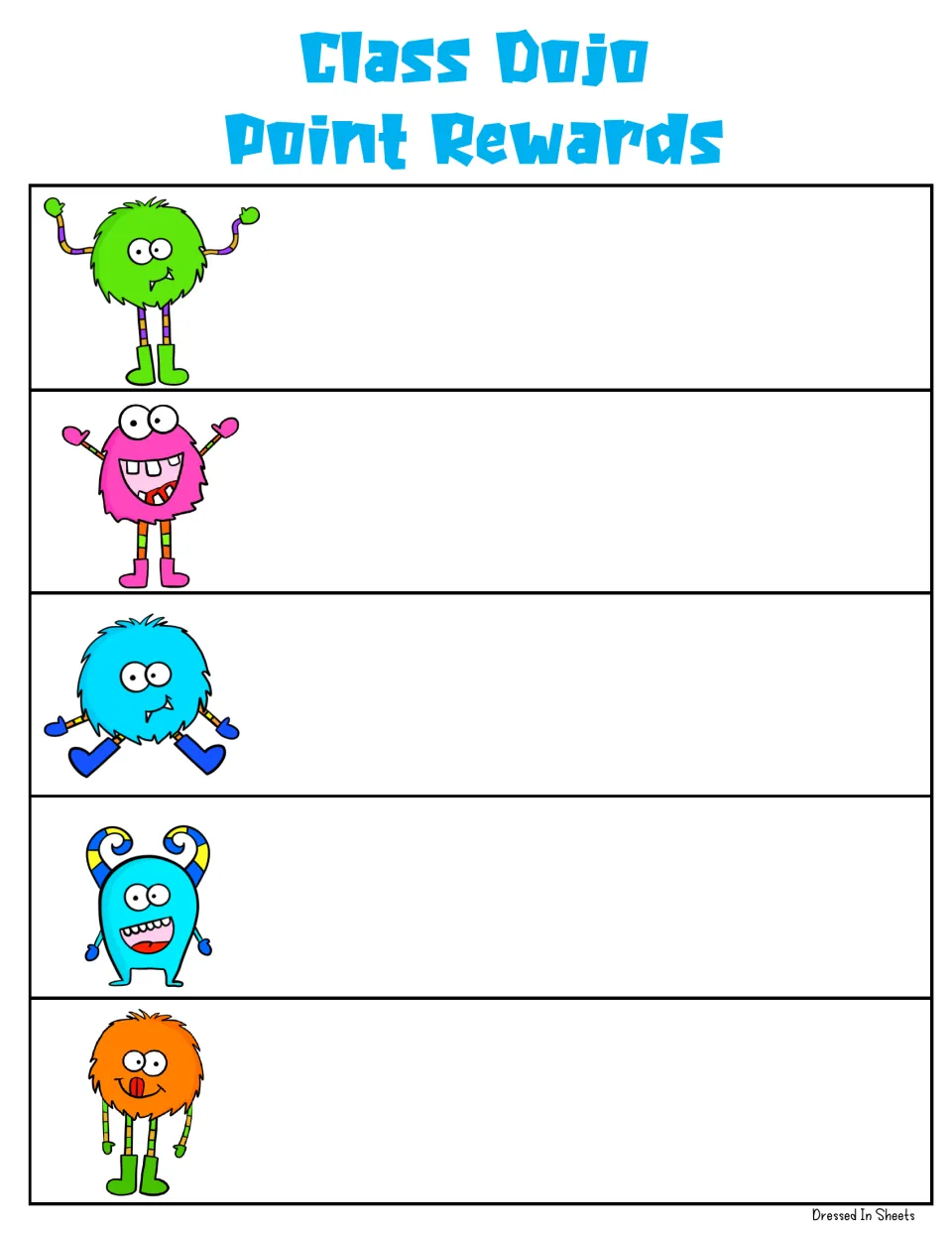 Blank Class Dojo Point Rewards chart: five monsters with no prizes listed, so teachers can write in their own rewards