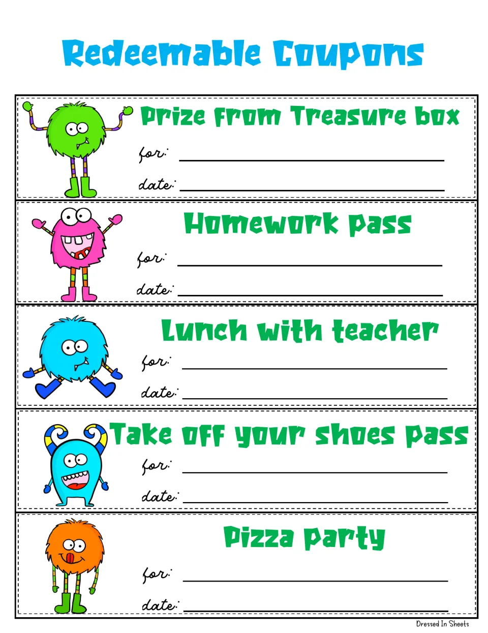 Redeemable Coupons: five reward coupons, from treasure prize to pizza party, each with a reason and date to fill in