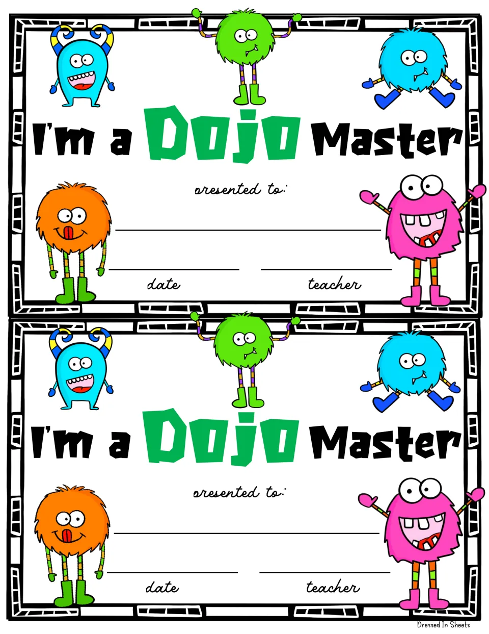 I'm a Dojo Master certificates, two per page, to fill in with the student's name, date and teacher signature