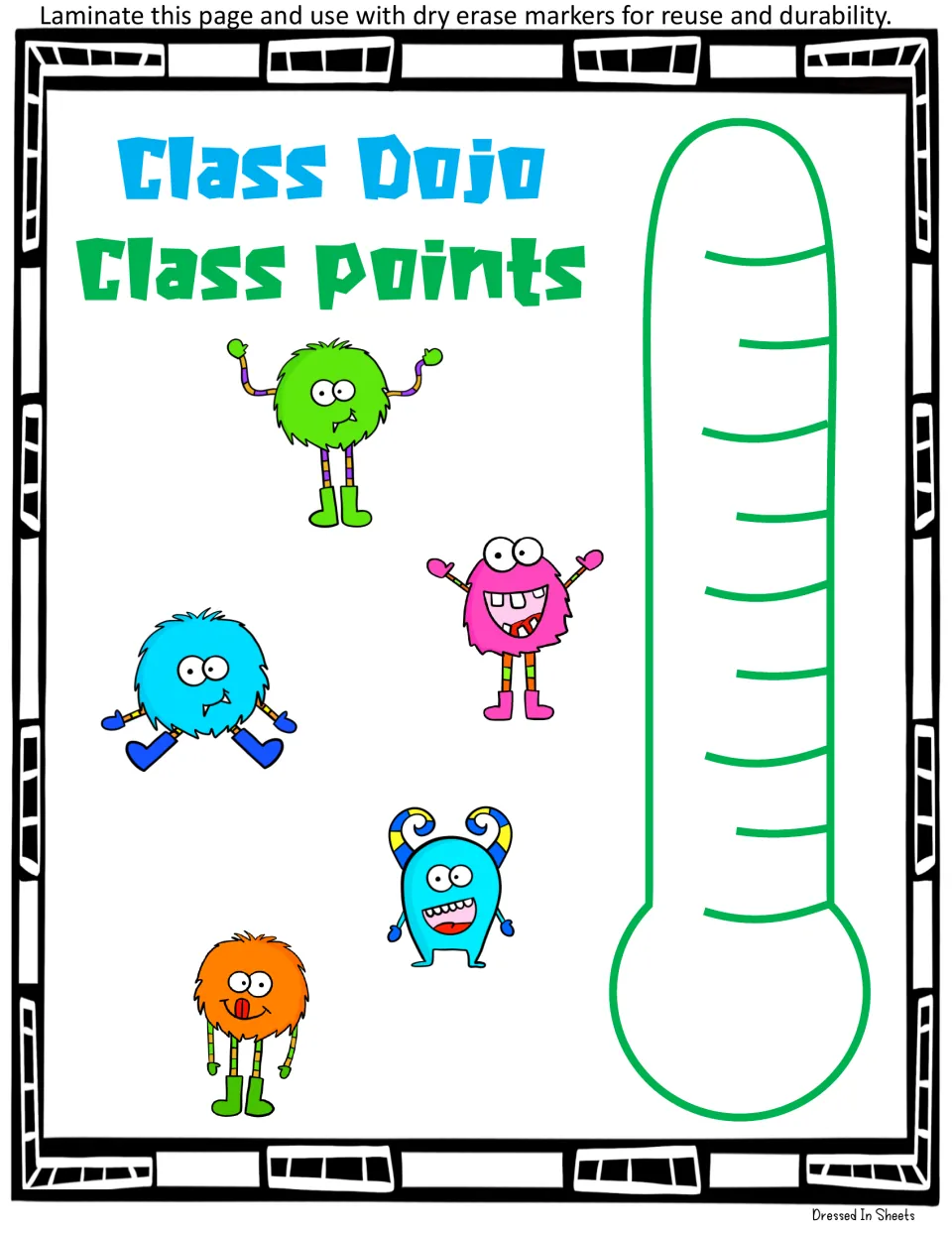 Class Dojo Class Points thermometer with monster art for coloring in whole-class progress with dry erase markers
