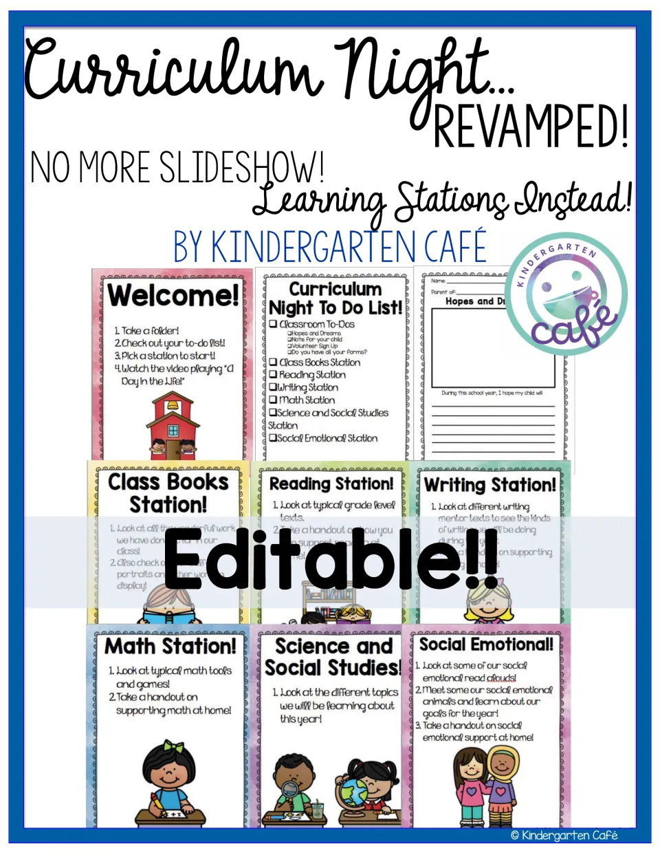 Curriculum night kit cover introducing learning stations, with samples of posters, a checklist and a parent form