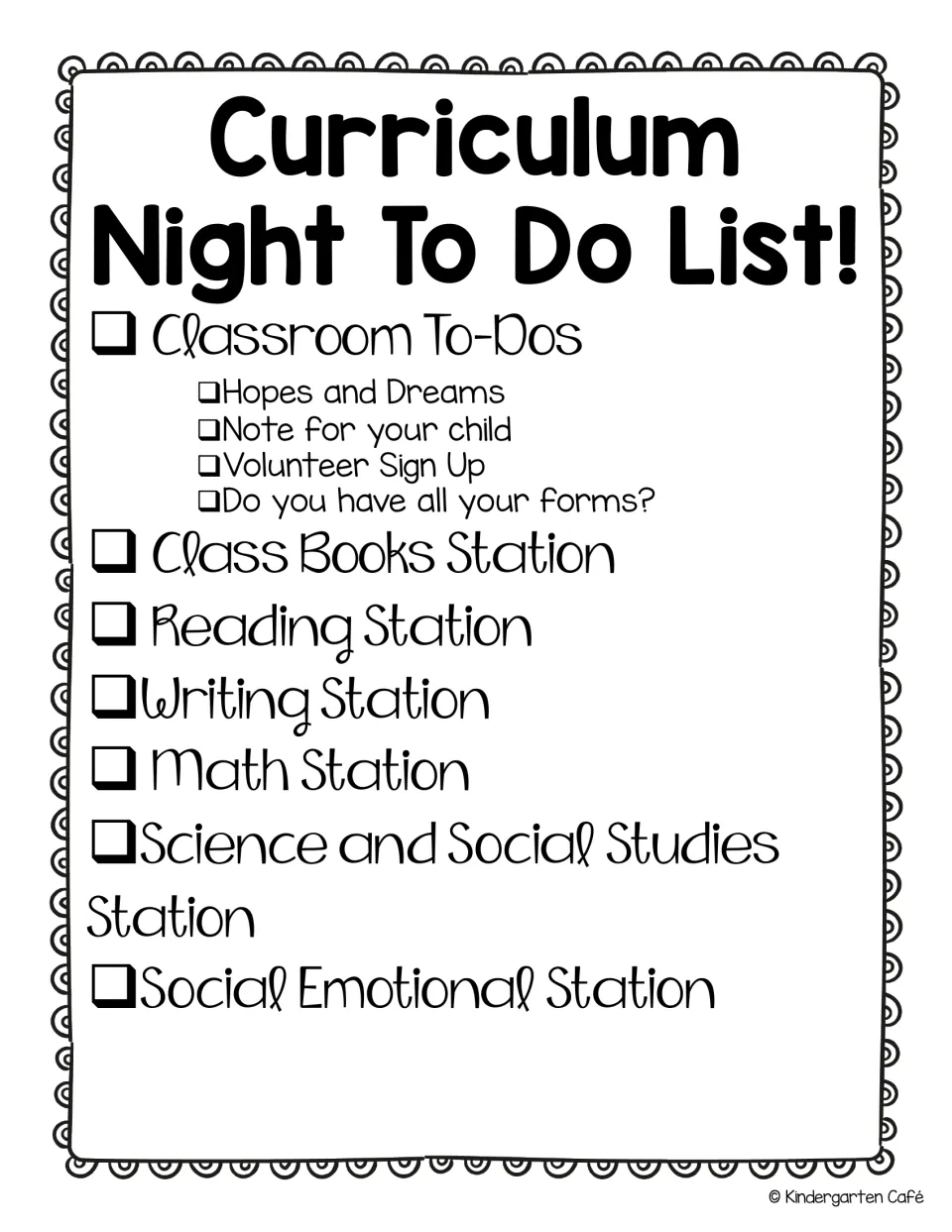 Curriculum night checklist lists classroom to-dos and six stations, including reading, writing and math