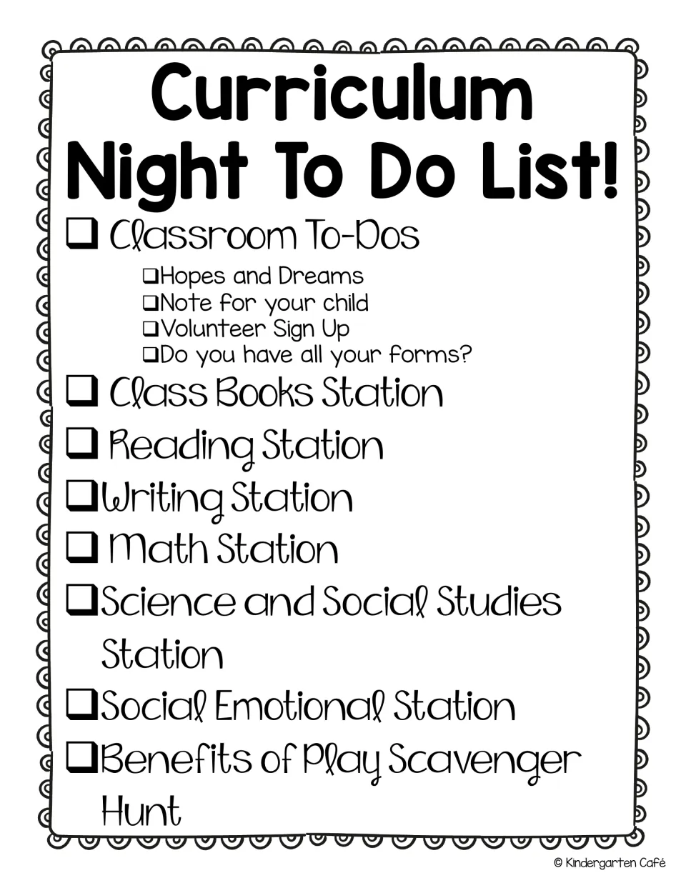 Curriculum night checklist adds a Benefits of Play Scavenger Hunt to classroom to-dos and six stations