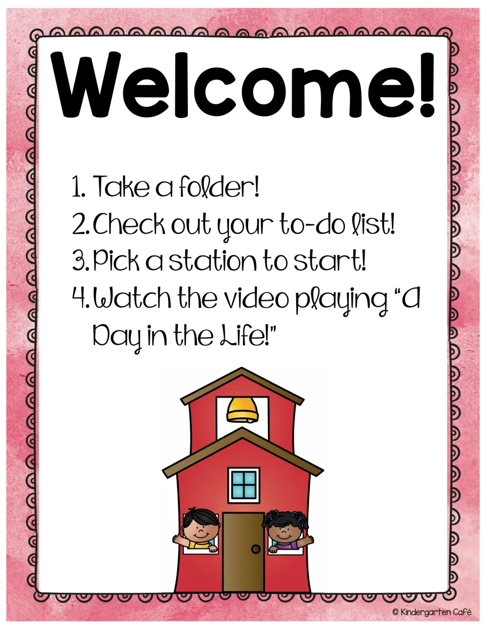 Welcome station poster directs families to take a folder, check their list, pick a station and watch a video