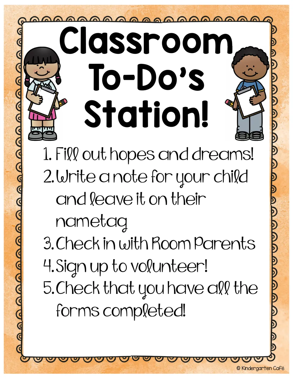 Classroom to-dos poster lists hopes and dreams, a child note, room parent check-in, volunteering and forms